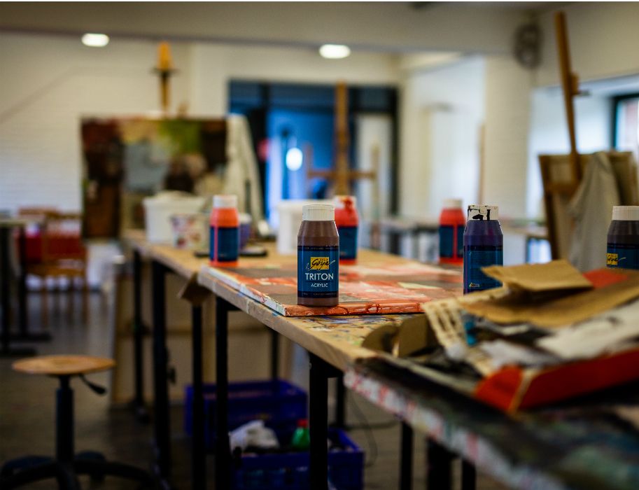 The workroom at the Heimbach International Art Academy is filled with paints, canvases and brushes