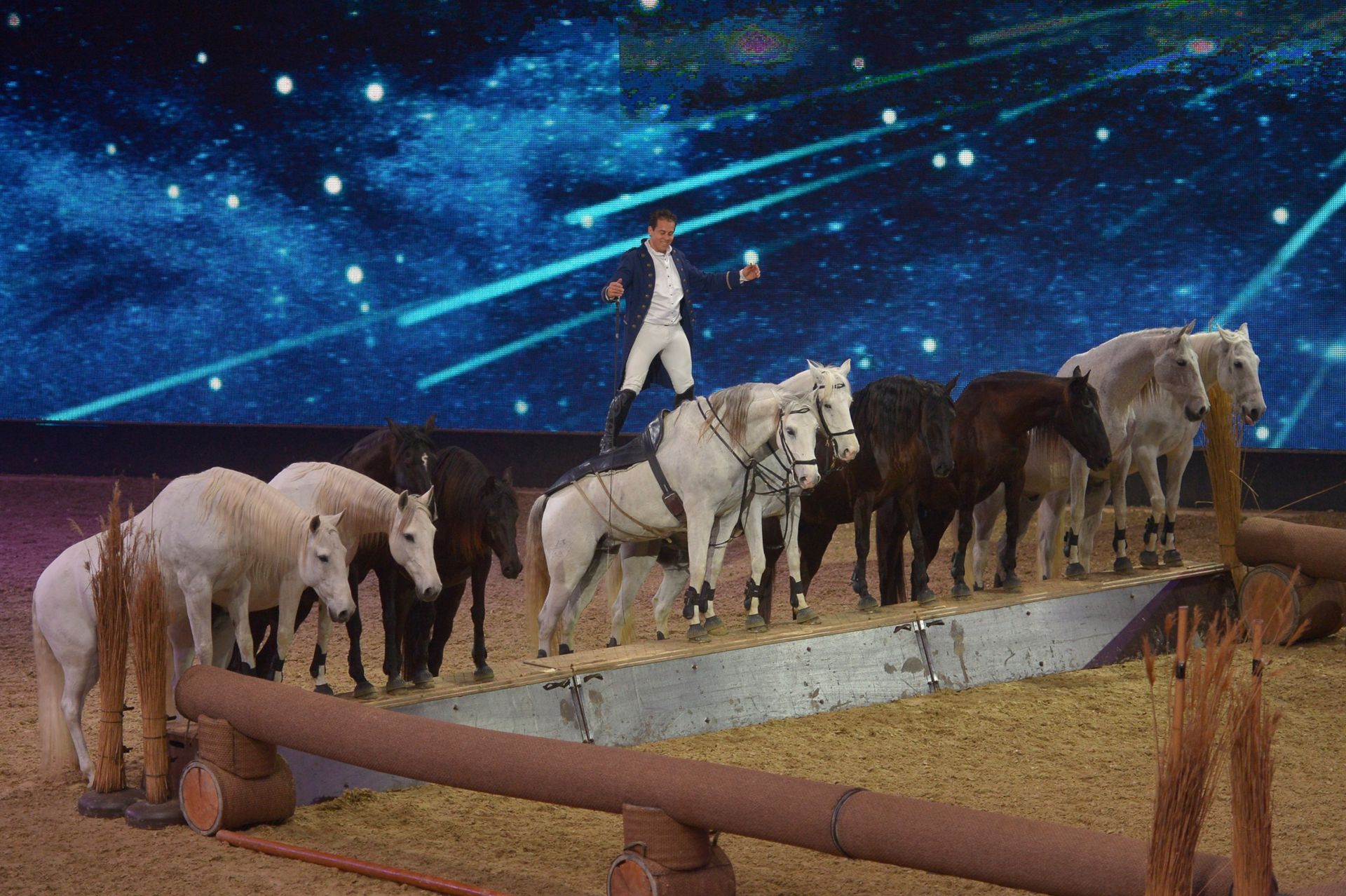 The "Hop Top Show", in which the best of the international show rider scene demonstrate their skills in a mixture of musical and equestrian performance, is accompanied by light and sound effects