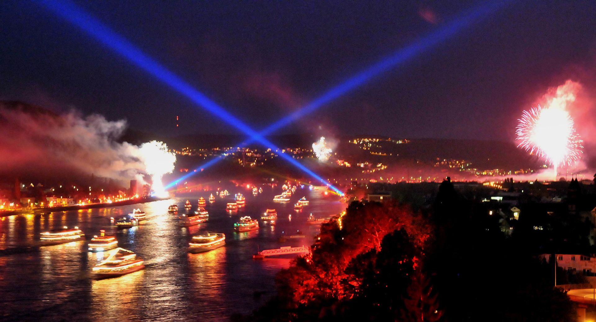 A music-synchronized fire spectacle forms the crowning finale of Rhine in Flames