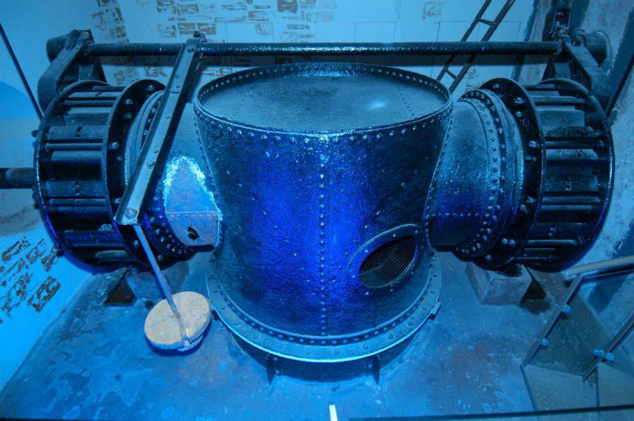 The huge turbines stand in the once water-flooded factory cellar