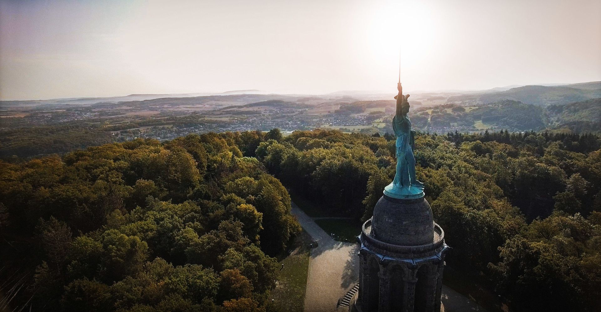 View of the Hermann monument and the landscape of the Teutoburg Forest.