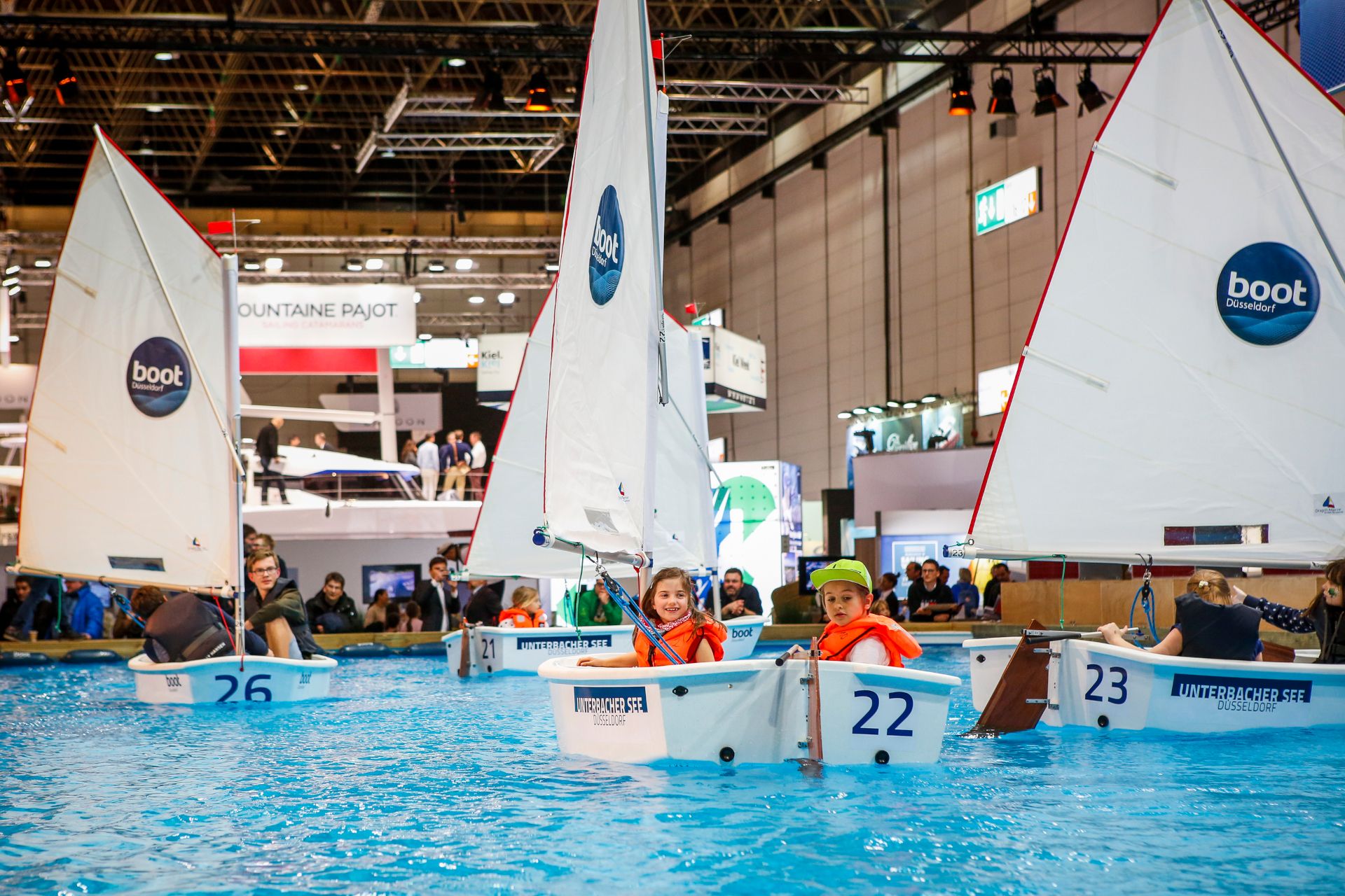 Sailboats floating on the water at the boot trade fair in Düsseldorf