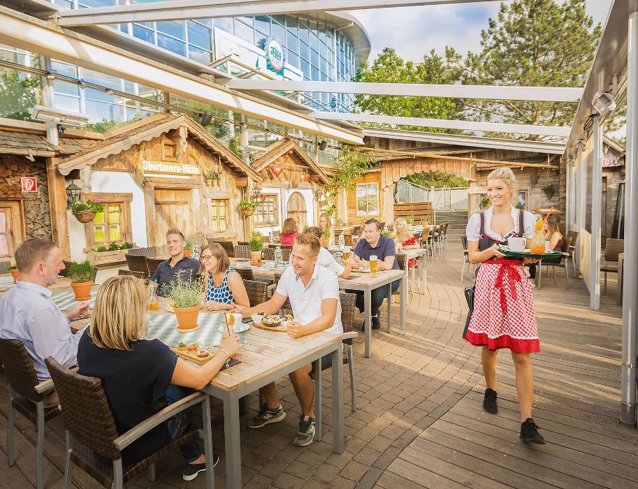 The beer garden at the Salzburger Hochalm is always full in summer