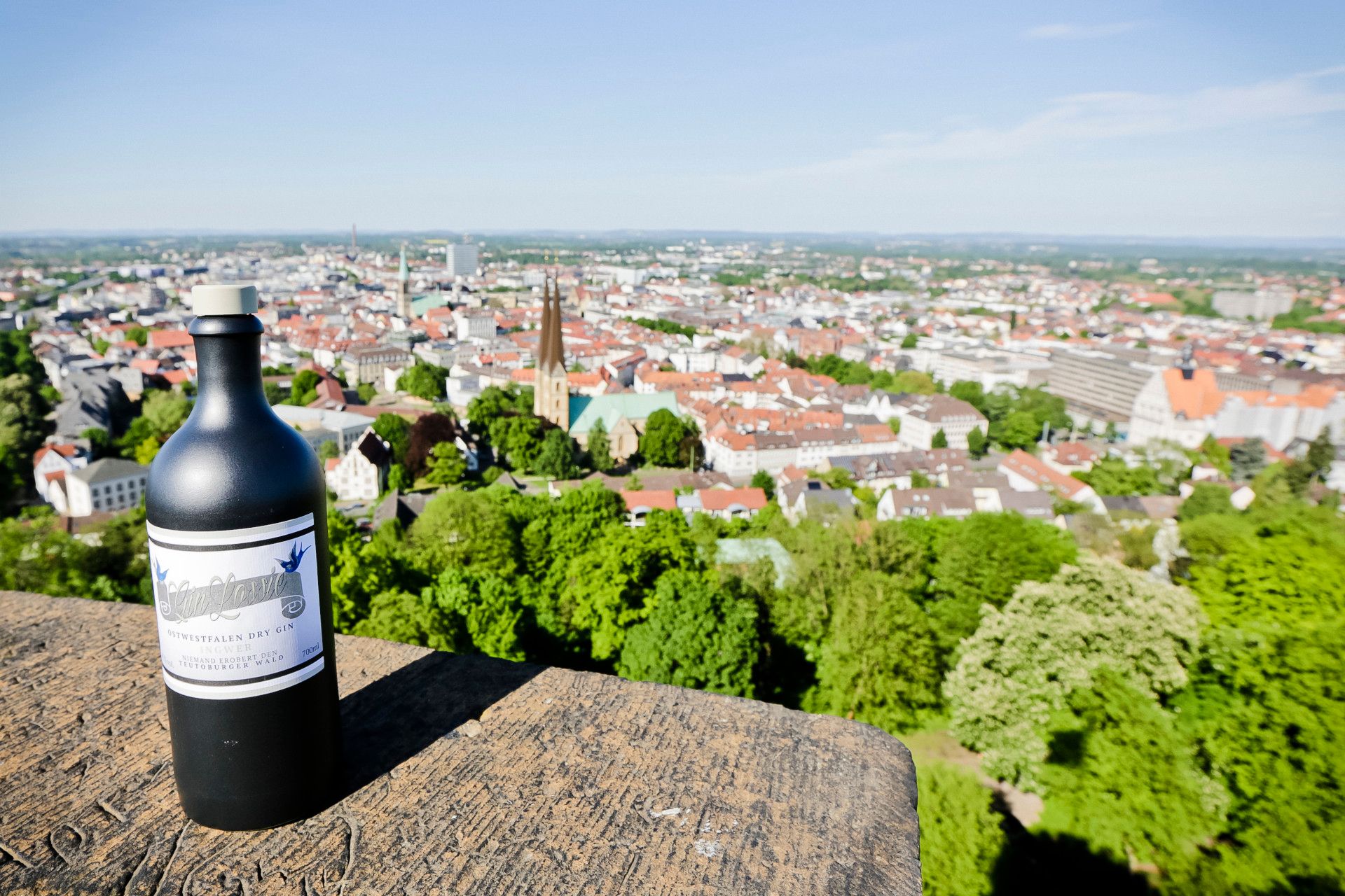 Flasche Gin mit Ausblick auf Bielefeld